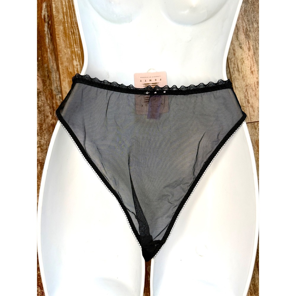 Savage X Fenty Black Sheer Mesh High Leg Bikini Panty Lace Trim Medium NWT